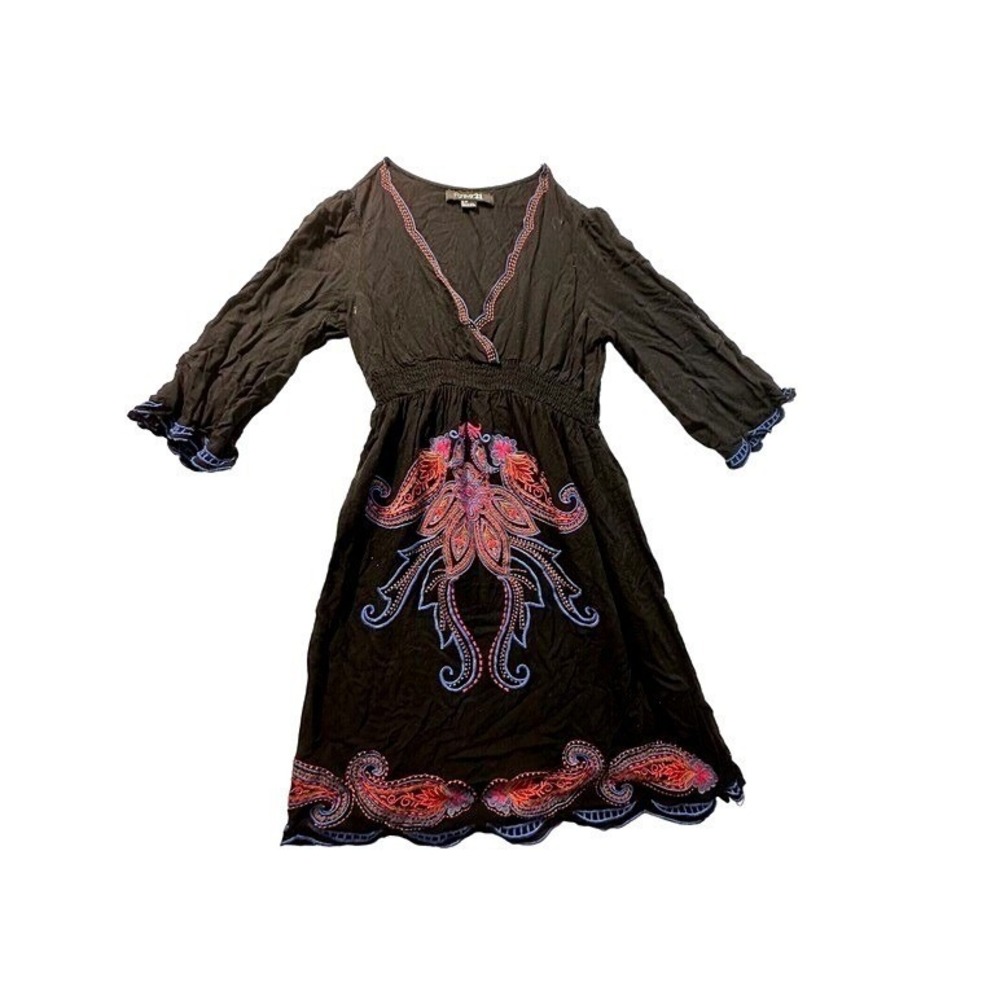 Forever 21 Embroidered Dress Bohemian Paisley Print Black Mini S/P